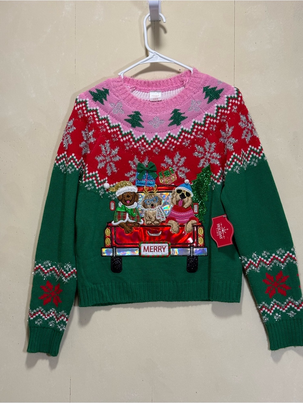 Holiday Ugly Sweater with Festive Dog Truck Fair Isle Women’s Sz M